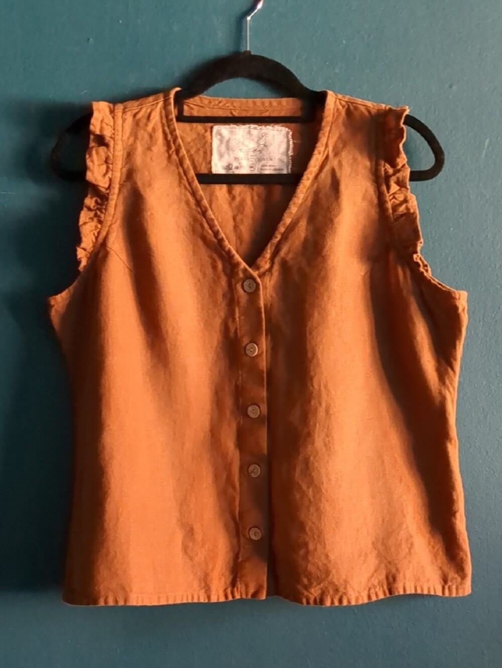 notPERFECTLINEN 100% Linen Brown Wendy Button Down Ruffle Top